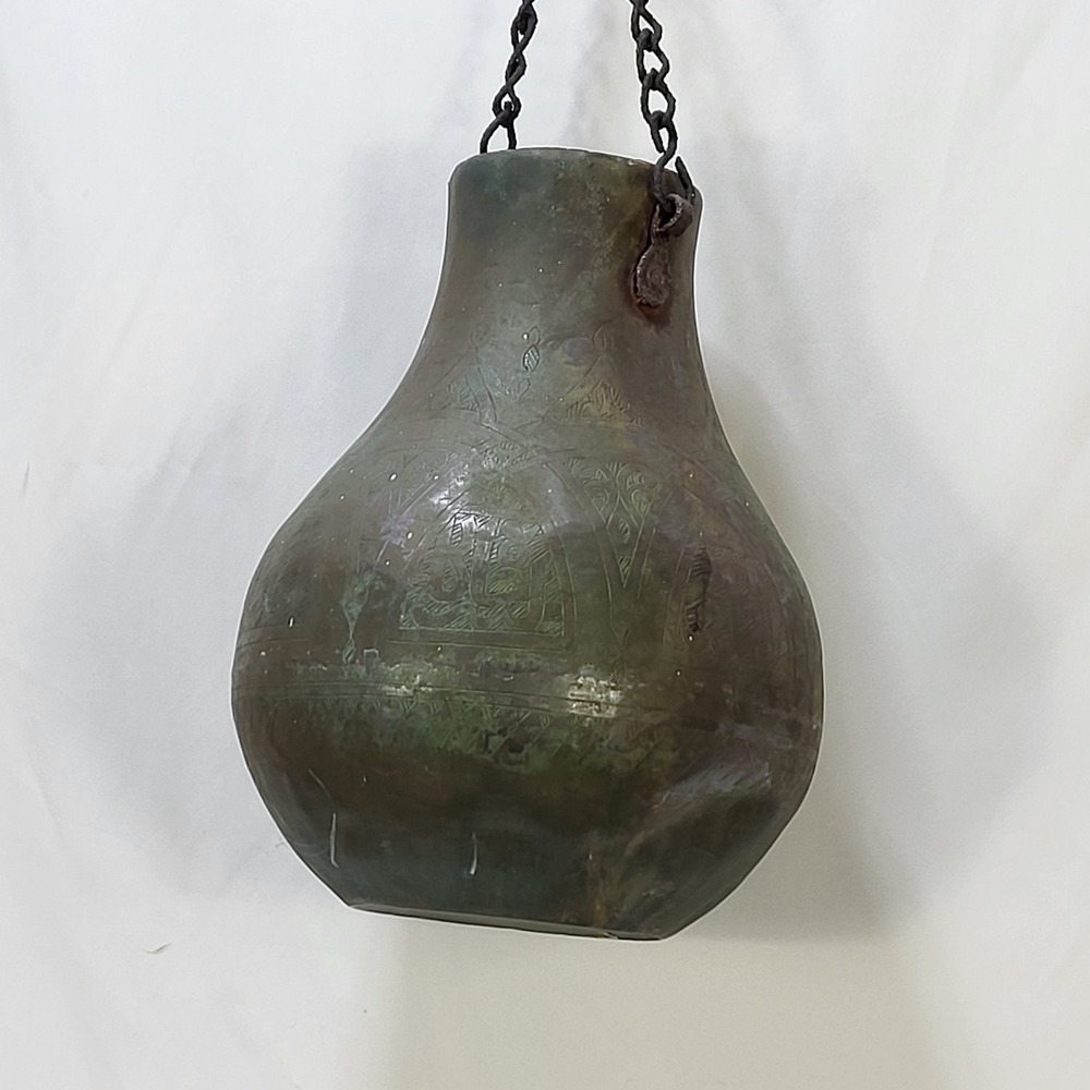 Antique Syrian Hand Etched Copper Hanging Vessel Pot Patina Syria 11.5 Inch - Picture 4 of 16
